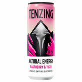 A 330ml can of Tenzing Natural Energy Drink Raspberry & Yuzu, featuring mountain graphics and packed with vitamin C, caffeine, and electrolytes for a refreshing plant-based energy boost.
